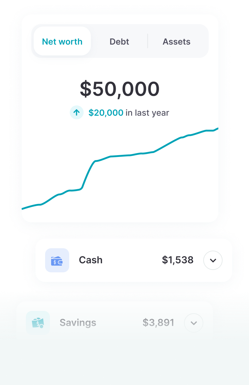 Example tracker with total $50,000 net worth and increase $20,000 last year